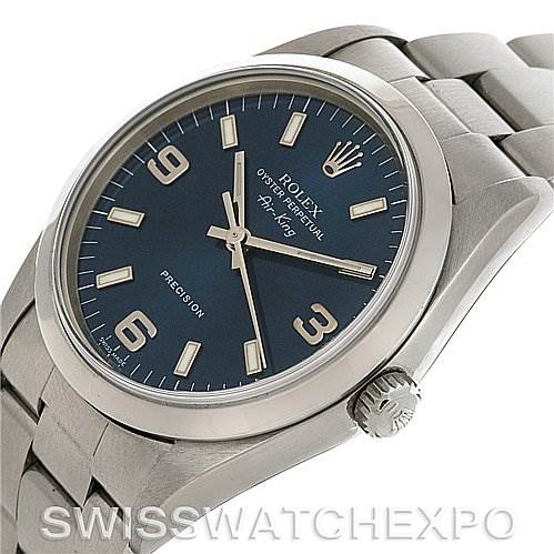 The Rolex Air-King 14000 Men's Stainless Steel Blue Dial 14000 Men's Stainless Steel Blue Dial watch is shown at an angled close-up, revealing the dial, crown, and part of the bracelet.