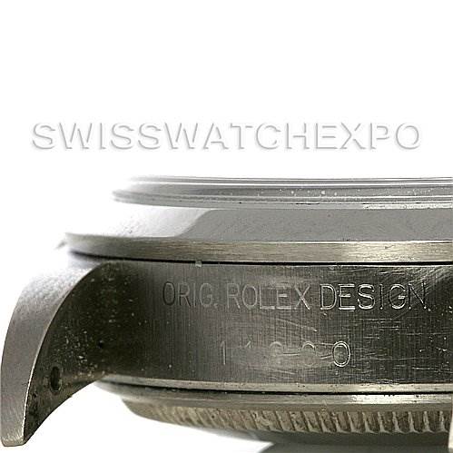 This image shows a close-up of the side of a Rolex Air-King 14000 Men's Stainless Steel Blue Dial 14000 Men's Stainless Steel Blue Dial watch case, highlighting the engraved text and part of the bezel.