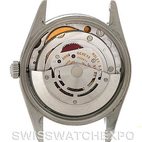 This image shows the movement mechanism of a Rolex Air-King 14000 Men's Stainless Steel Blue Dial 14000 Men's Stainless Steel Blue Dial watch from the back, highlighting its internal components.