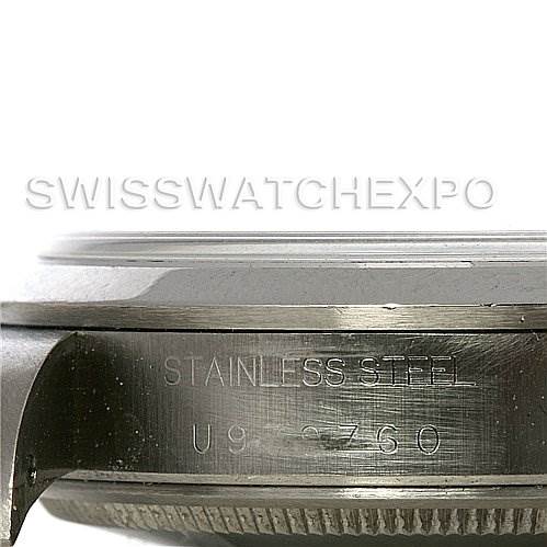 This image shows a close-up side view of the stainless steel case of a Rolex Air-King 14000 Men's Stainless Steel Blue Dial 14000 Men's Stainless Steel Blue Dial watch.