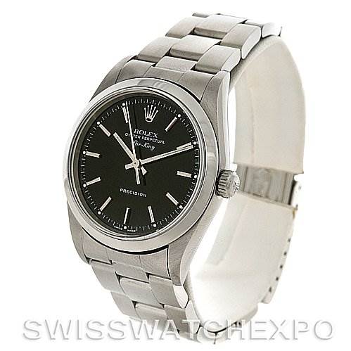 The image shows a Rolex Air-King 14000 Men's Stainless Steel Black Dial 14000 Men's Stainless Steel Black Dial watch at a slightly tilted angle, highlighting the dial, bezel, crown, and bracelet.