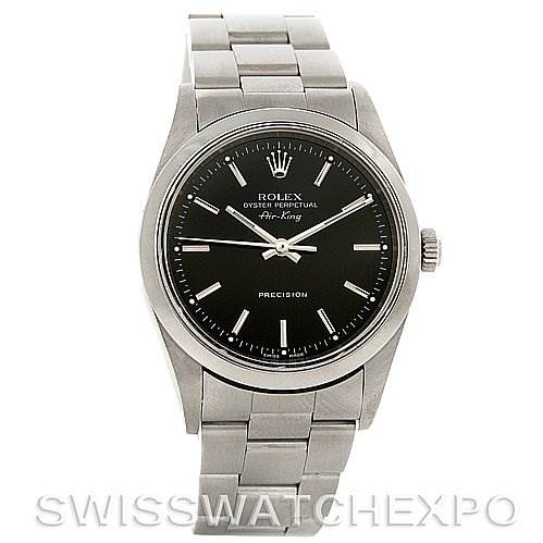 The image shows the front view of a Rolex Air-King 14000 Men's Stainless Steel Black Dial 14000 Men's Stainless Steel Black Dial watch, displaying its black dial, silver hour markers, and stainless steel bracelet.