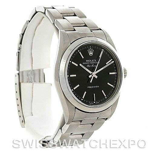 This image shows a Rolex Air-King 14000 Men's Stainless Steel Black Dial 14000 Men's Stainless Steel Black Dial watch from a front angle, displaying the dial, bezel, bracelet, and clasp.
