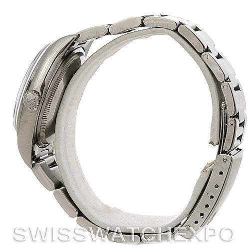 The image shows a side view of the Rolex Air-King 14000 Men's Stainless Steel Black Dial 14000 Men's Stainless Steel Black Dial watch, highlighting the bracelet, crown, and case.