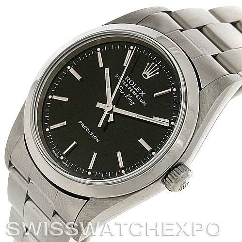 The image shows a Rolex Air-King 14000 Men's Stainless Steel Black Dial 14000 Men's Stainless Steel Black Dial watch at an angle showcasing its black dial, hour markers, crown, and stainless steel bracelet.
