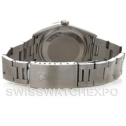 This is a rear view of a Rolex Air-King 14000 Men's Stainless Steel Black Dial 14000 Men's Stainless Steel Black Dial watch displaying its stainless steel bracelet and clasp.