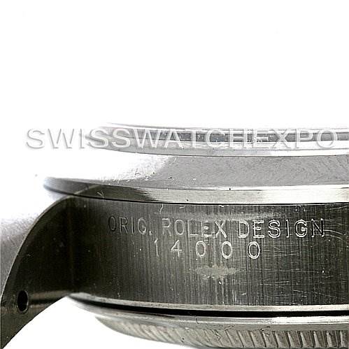 This image shows the side profile of the Rolex Air-King 14000 Men's Stainless Steel Black Dial 14000 Men's Stainless Steel Black Dial watch, highlighting the engraved model number "14000" and the text "ORIG. ROLEX DESIGN."