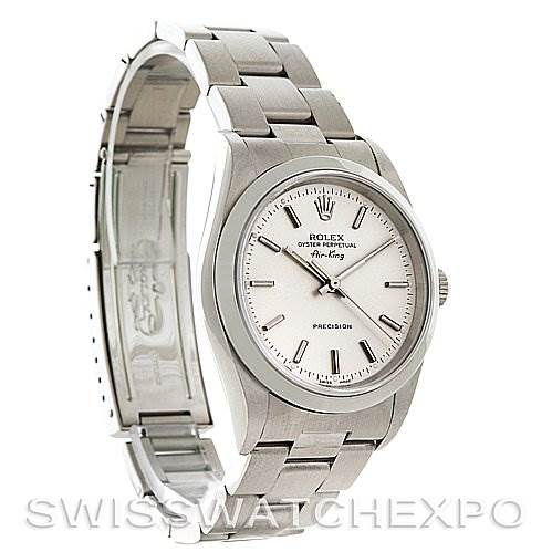 This image shows a Rolex Air-King 14000M Men's Stainless Steel Silver Dial 14000M Men's Stainless Steel Silver Dial watch from an angled side view, displaying its face, bezel, and bracelet.