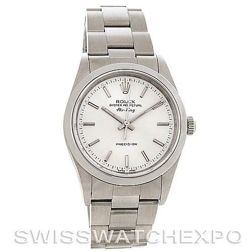 The image shows a frontal view of a Rolex Air-King 14000M Men's Stainless Steel Silver Dial 14000M Men's Stainless Steel Silver Dial watch, displaying its face, bezel, case, and bracelet.