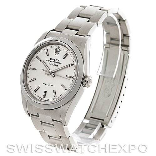 This image shows a Rolex Air-King 14000M Men's Stainless Steel Silver Dial 14000M Men's Stainless Steel Silver Dial watch at an angle displaying the face, bezel, crown, and the partially open stainless steel bracelet.