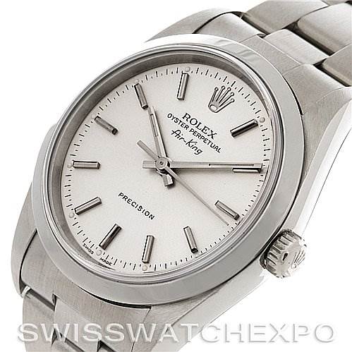 This image shows a close-up view of the Rolex Air-King 14000M Men's Stainless Steel Silver Dial 14000M Men's Stainless Steel Silver Dial watch, highlighting the dial, bezel, crown, and parts of the bracelet.