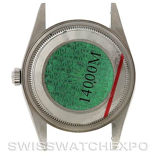 This image shows the back view of a Rolex Air-King 14000M Men's Stainless Steel Silver Dial 14000M Men's Stainless Steel Silver Dial watch case, without the strap, displaying the model number 14000M sticker.