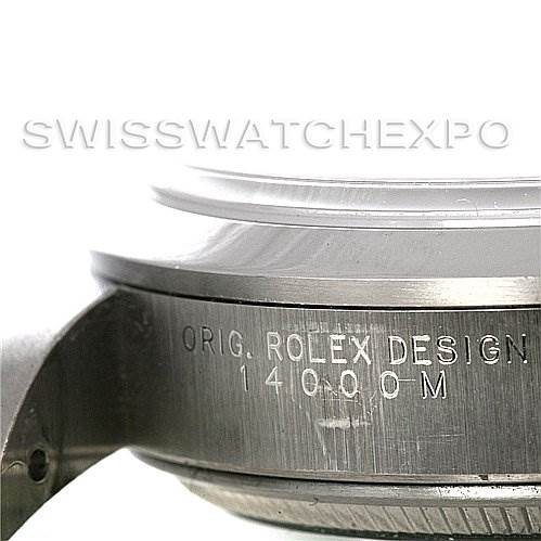 The image shows a close-up of the side and bezel of the Rolex Air-King 14000M Men's Stainless Steel Silver Dial 14000M Men's Stainless Steel Silver Dial watch, displaying the "ORIG. ROLEX DESIGN 14000 M" engraving.