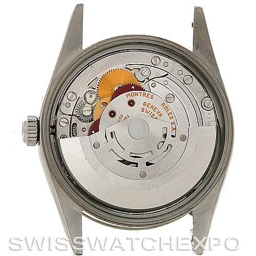 The image shows the inner movement mechanism of the Rolex Air-King 14000M Men's Stainless Steel Silver Dial 14000M Men's Stainless Steel Silver Dial watch from a back angle with the caseback removed.