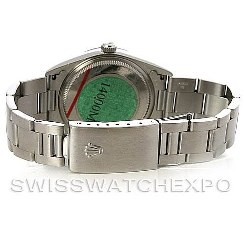 The image shows the backside of the Rolex Air-King 14000M Men's Stainless Steel Silver Dial 14000M Men's Stainless Steel Silver Dial watch, highlighting the clasp, bracelet, and case back.