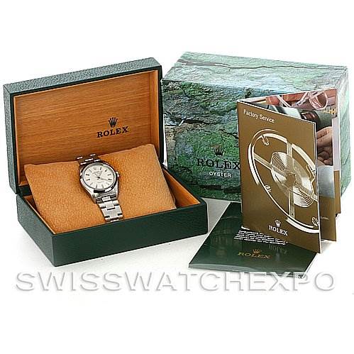 This image shows a Rolex Air-King 14000M Men's Stainless Steel Silver Dial 14000M Men's Stainless Steel Silver Dial watch angled front-on with its box, and accompanying booklets.