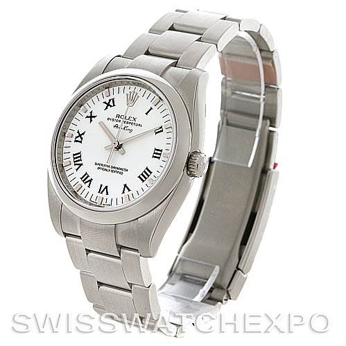 This image shows a Rolex Air-King 114200 Men's Stainless Steel White Dial 114200 Men's Stainless Steel White Dial model from a side angle, highlighting its dial, case, crown, and stainless steel bracelet.