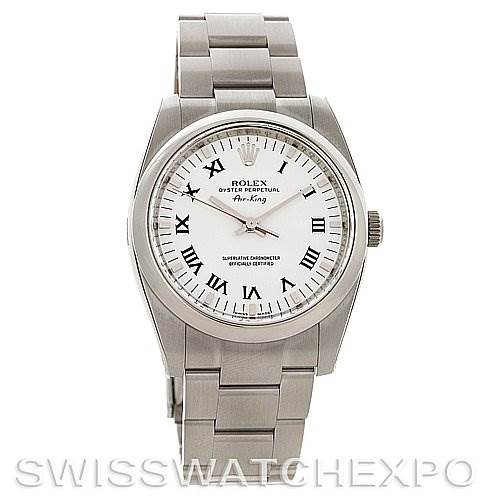 The Rolex Air-King 114200 Men's Stainless Steel White Dial 114200 Men's Stainless Steel White Dial watch is shown from a front angle, displaying its face, bezel, and bracelet.