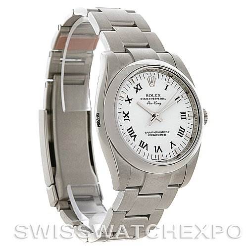 The Rolex Air-King 114200 Men's Stainless Steel White Dial 114200 Men's Stainless Steel White Dial watch is shown at an oblique angle, highlighting the face, bezel, crown, and stainless steel bracelet.