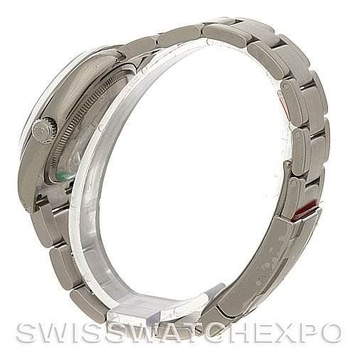 The image shows a side view of the Rolex Air-King 114200 Men's Stainless Steel White Dial 114200 Men's Stainless Steel White Dial watch, highlighting the bracelet and crown.