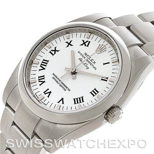 The image shows a Rolex Air-King 114200 Men's Stainless Steel White Dial 114200 Men's Stainless Steel White Dial watch from an angled view, featuring its white dial, Roman numerals, crown, and bracelet.