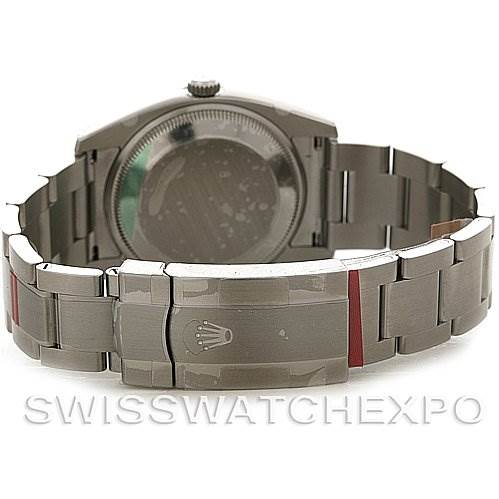 The image shows the back and clasp of a Rolex Air-King 114200 Men's Stainless Steel White Dial 114200 Men's Stainless Steel White Dial watch, displaying its bracelet and case back.