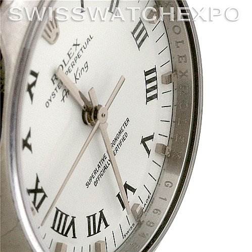 The image shows a close-up angled view of the dial and bezel of a Rolex Air-King 114200 Men's Stainless Steel White Dial 114200 Men's Stainless Steel White Dial watch, highlighting the Roman numeral markers.
