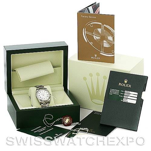 The image shows a Rolex Air-King 114200 Men's Stainless Steel White Dial 114200 Men's Stainless Steel White Dial watch with its box, service booklet, warranty card, tags, and packaging displayed at an angle.
