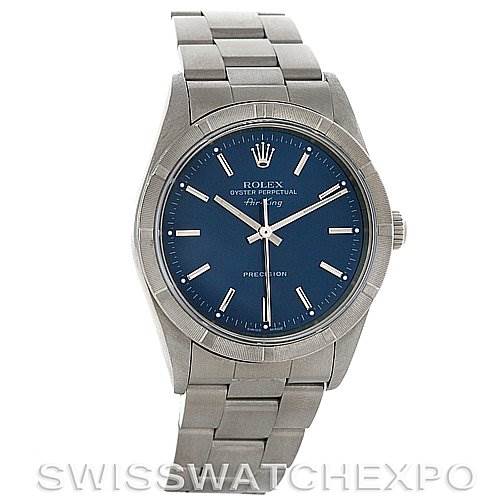 This image shows a front view of a Rolex Air-King 14010 Men's Stainless Steel Blue Dial 14010 Men's Stainless Steel Blue Dial watch, displaying its blue dial, bezel, case, and bracelet.