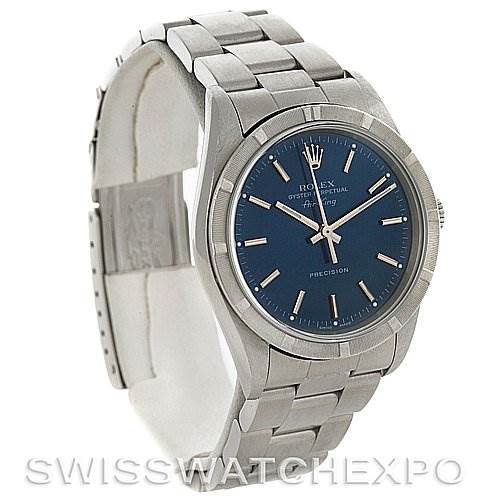 This image shows a Rolex Air-King 14010 Men's Stainless Steel Blue Dial 14010 Men's Stainless Steel Blue Dial watch at a three-quarter angle, highlighting its blue dial, stainless steel case, and bracelet.