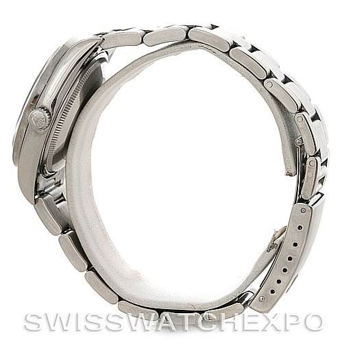 The image shows a side view of the Rolex Air-King 14010 Men's Stainless Steel Blue Dial 14010 Men's Stainless Steel Blue Dial watch focusing on its stainless steel case and bracelet.