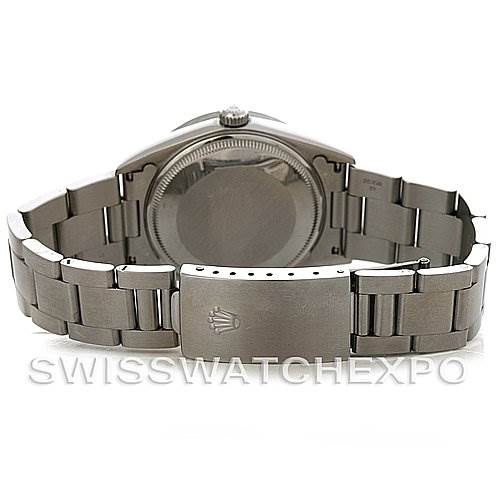 The image shows the back view of a Rolex Air-King 14010 Men's Stainless Steel Blue Dial 14010 Men's Stainless Steel Blue Dial watch, focusing on the bracelet and the clasp with the Rolex crown logo.