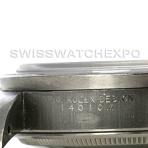 This is a close-up side view of the Rolex Air-King 14010 Men's Stainless Steel Blue Dial 14010 Men's Stainless Steel Blue Dial watch case, showing the engraved model number "14010M."