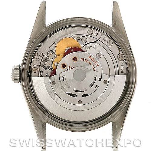 This image shows the inner mechanism and movement of a Rolex Air-King 14010 Men's Stainless Steel Blue Dial 14010 Men's Stainless Steel Blue Dial watch with the caseback removed.