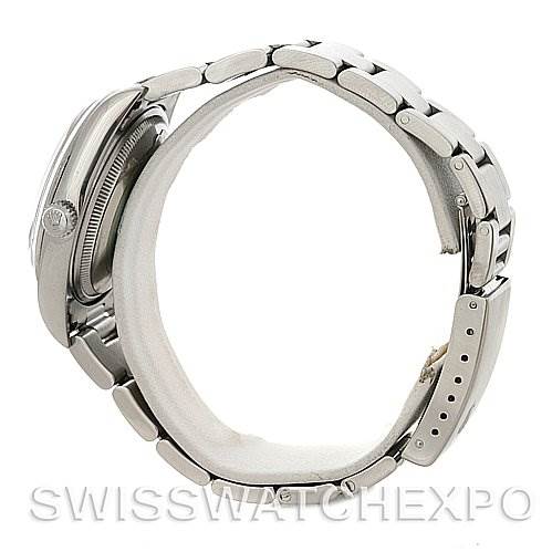 The image shows a side profile of a Rolex Air-King 14000 Men's Stainless Steel Blue Dial 14000 Men's Stainless Steel Blue Dial watch, focusing on its metal bracelet and case.