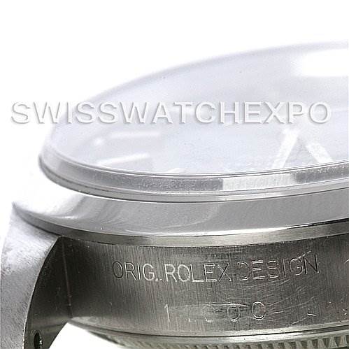 This close-up image shows the side of a Rolex Air-King 14000 Men's Stainless Steel Blue Dial 14000 Men's Stainless Steel Blue Dial watch, focusing on the bezel and part of the case.
