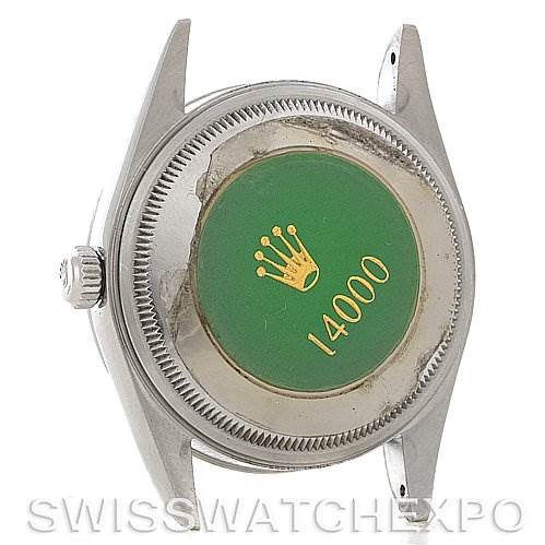 This image shows the back case of a Rolex Air-King 14000 Men's Stainless Steel Blue Dial 14000 Men's Stainless Steel Blue Dial model 14000, viewed from a slight side angle.