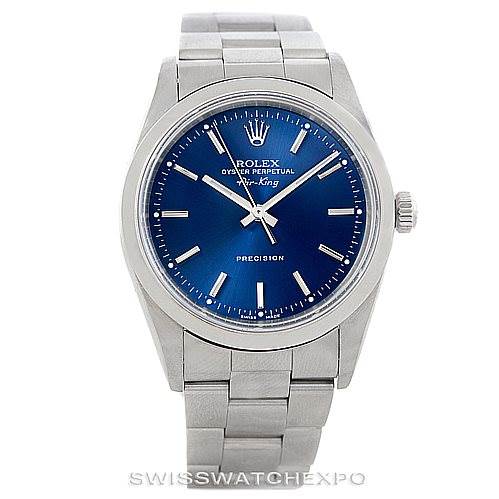 This image displays a Rolex Air-King 14000 Men's Stainless Steel Blue Dial 14000 Men's Stainless Steel Blue Dial watch from a front angle, clearly showing its blue dial, hour markers, and metal bracelet.
