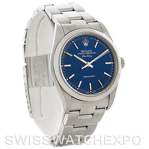 The image shows a Rolex Air-King 14000 Men's Stainless Steel Blue Dial 14000 Men's Stainless Steel Blue Dial watch at a three-quarter angle, displaying the face, crown, and bracelet.