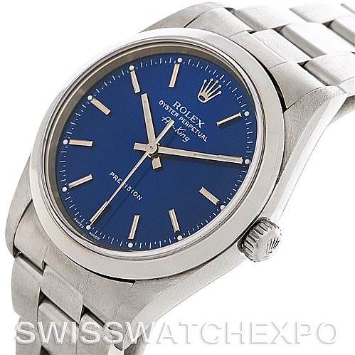 The Rolex Air-King 14000 Men's Stainless Steel Blue Dial 14000 Men's Stainless Steel Blue Dial watch is shown from a front angle, displaying its blue dial, crown, and part of the bracelet.