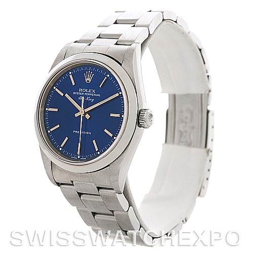The image shows a Rolex Air-King 14000 Men's Stainless Steel Blue Dial 14000 Men's Stainless Steel Blue Dial watch angled to display the face, bezel, crown, bracelet, and clasp.