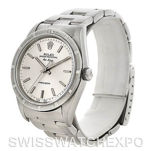 This image shows the Rolex Air-King 14010 Men's Stainless Steel Silver Dial 14010 Men's Stainless Steel Silver Dial watch from a three-quarter angle, highlighting the face, crown, and bracelet in stainless steel.