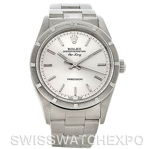 The image shows a front view of the Rolex Air-King 14010 Men's Stainless Steel Silver Dial 14010 Men's Stainless Steel Silver Dial watch, highlighting its dial, bezel, crown, and stainless steel bracelet.