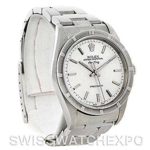 The image shows a Rolex Air-King 14010 Men's Stainless Steel Silver Dial 14010 Men's Stainless Steel Silver Dial watch at a three-quarter angle, highlighting its silver dial, bezel, and bracelet.