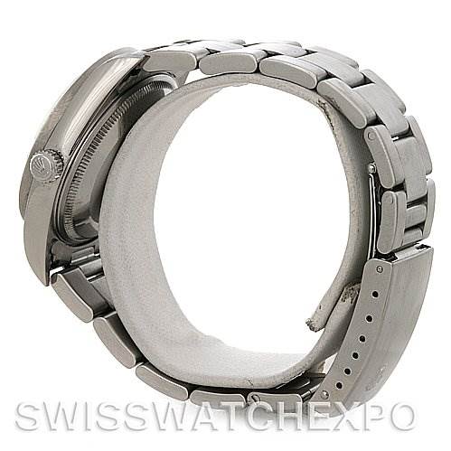 The image shows a side view of the Rolex Air-King 14010 Men's Stainless Steel Silver Dial 14010 Men's Stainless Steel Silver Dial watch, highlighting the case, crown, and bracelet with a partial view of the clasp.