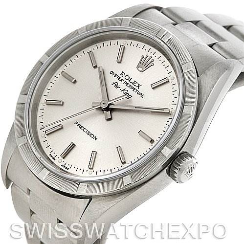 The image shows a close-up, angled view of the Rolex Air-King 14010 Men's Stainless Steel Silver Dial 14010 Men's Stainless Steel Silver Dial watch, highlighting its face, bezel, crown, and part of the bracelet.