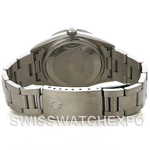 The image shows the back view of a Rolex Air-King 14010 Men's Stainless Steel Silver Dial 14010 Men's Stainless Steel Silver Dial watch, highlighting its stainless steel bracelet, case back, and clasp with the Rolex logo.
