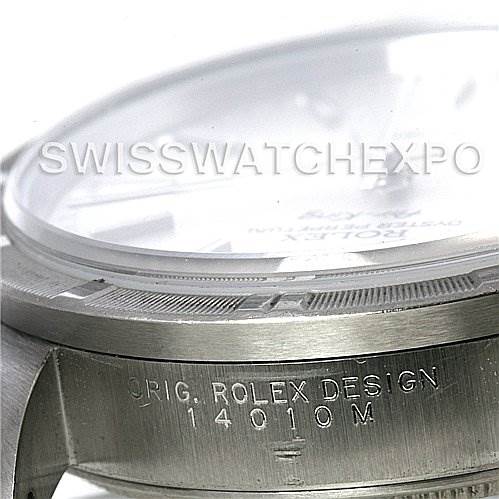 The image shows a close-up angle of the case side of a Rolex Air-King 14010 Men's Stainless Steel Silver Dial 14010 Men's Stainless Steel Silver Dial watch, focusing on the engraved model number and "Orig. Rolex Design."