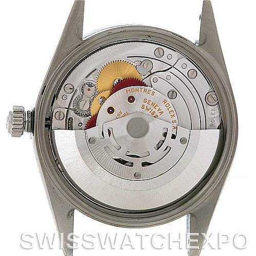 The image shows the internal movement mechanism of a Rolex Air-King 14010 Men's Stainless Steel Silver Dial 14010 Men's Stainless Steel Silver Dial watch from a back view, with the case back removed.