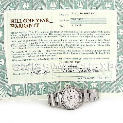 The image shows a Rolex Air-King 14010 Men's Stainless Steel Silver Dial 14010 Men's Stainless Steel Silver Dial watch placed in front of its warranty certificate, which includes the model and serial number details.